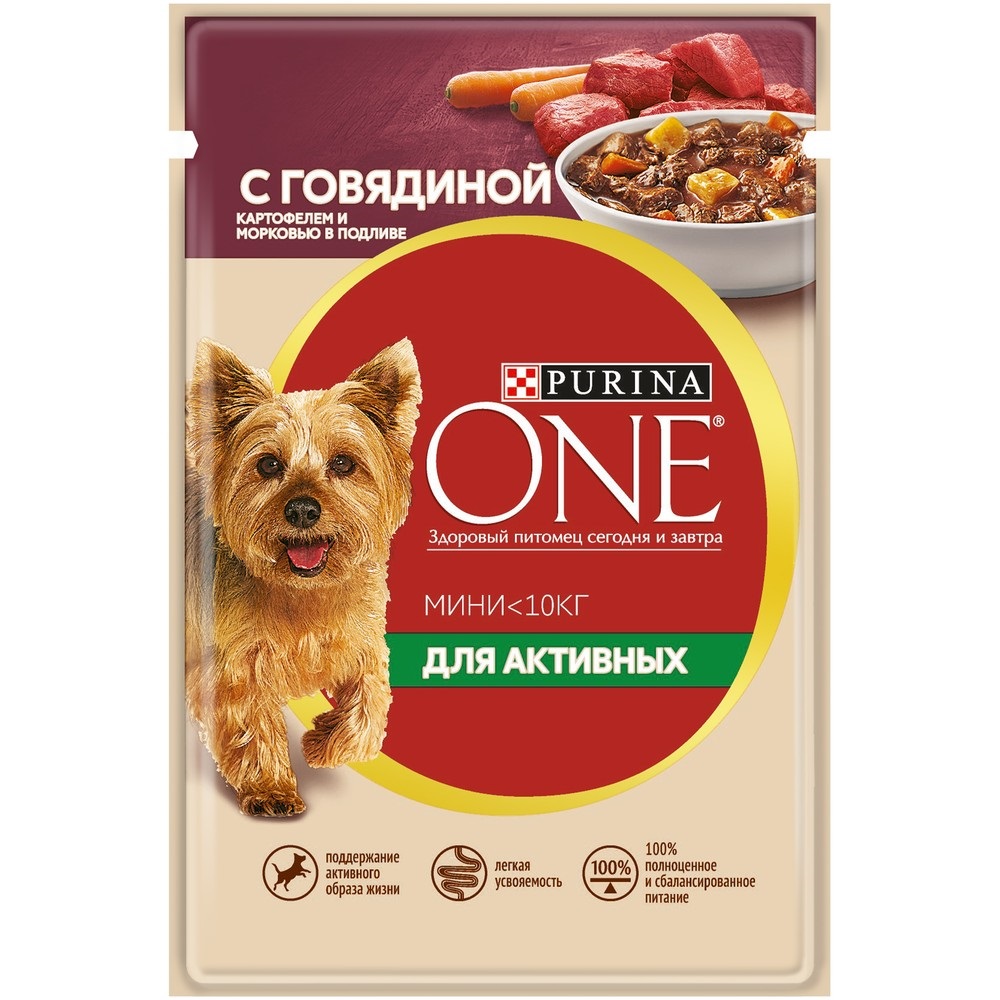 

Purina One Мини пауч для активных взрослых собак мелких и карликовых пород (кусочки в подливе) (Говядина, 85 г.)