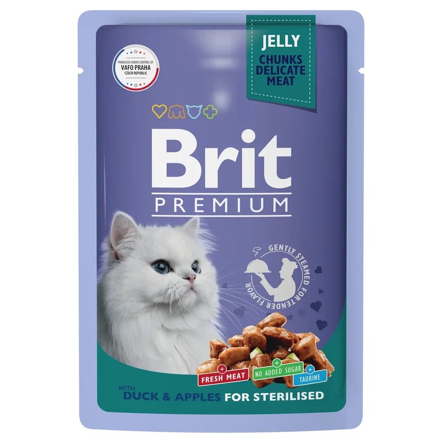 

Brit Premium пауч для стерилизованных кошек и котов (кусочки в желе) (Утка с яблоками, 85 г.)