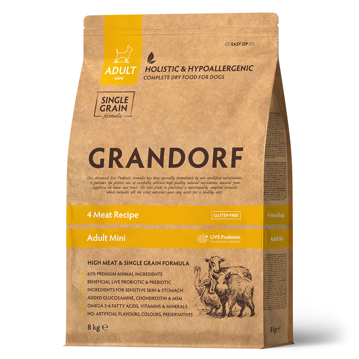 Grandorf 4 Meat Mini корм для взрослых собак мелких пород (Мясное ассорти, 8 кг.)