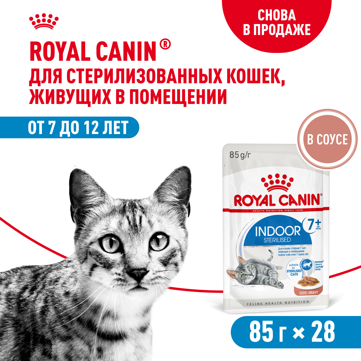 Royal Canin Indoor +7 пауч для домашних кошек старше 7 лет (кусочки в соусе) (Птица, 85 г. упаковка 28 шт)