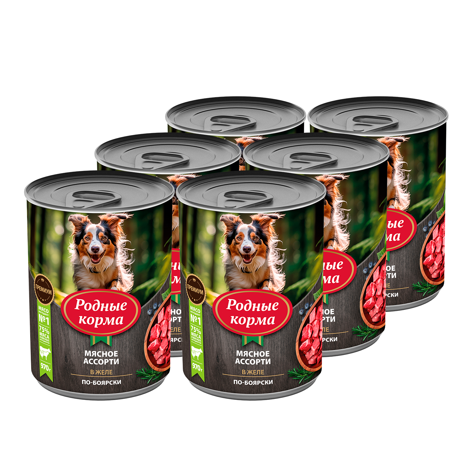 Родные корма консервы для собак по-боярски (желе) (Мясное ассорти, 970 г. упаковка 6 шт)