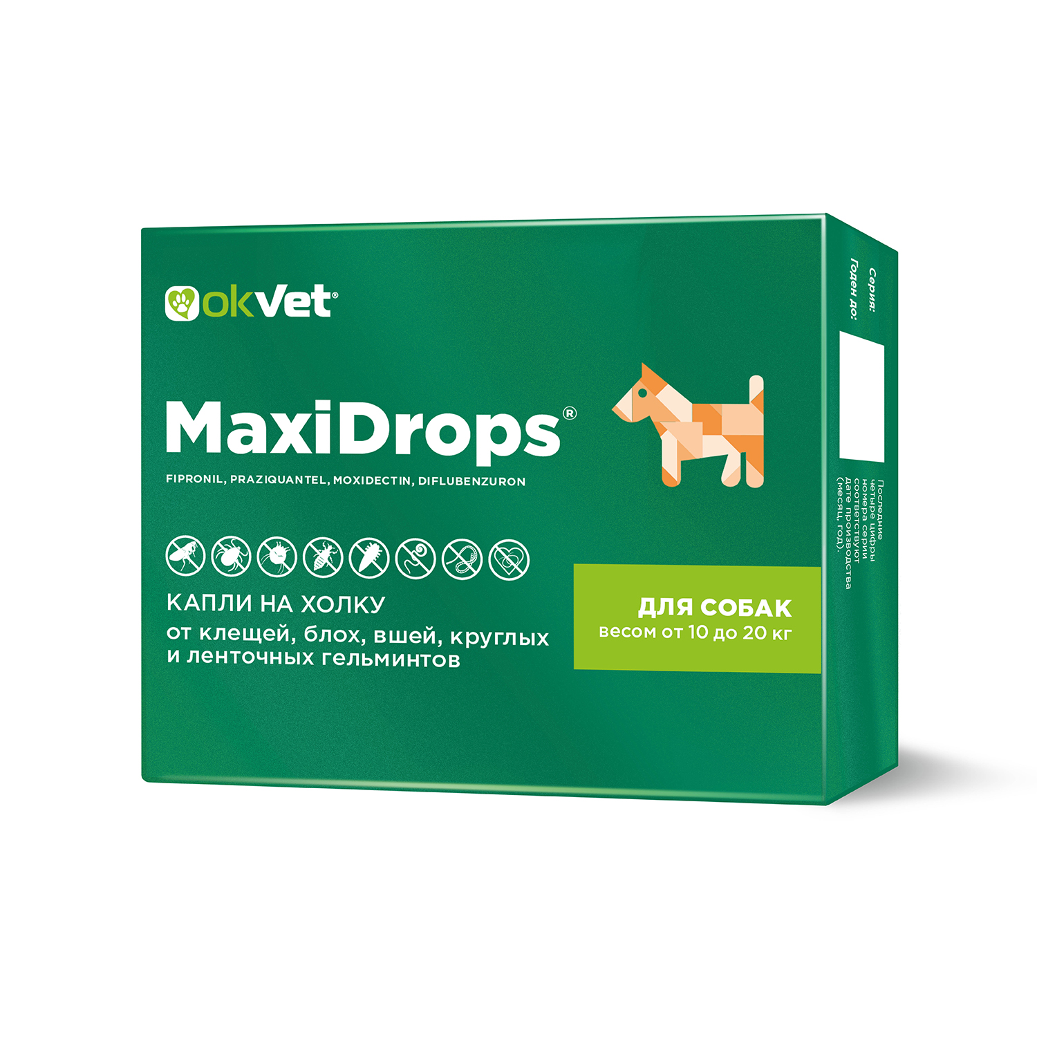 OKVET MaxiDrops капли для собак от клещей, блох, вшей и гельминтов от 10 до 20 кг (2 мл.)