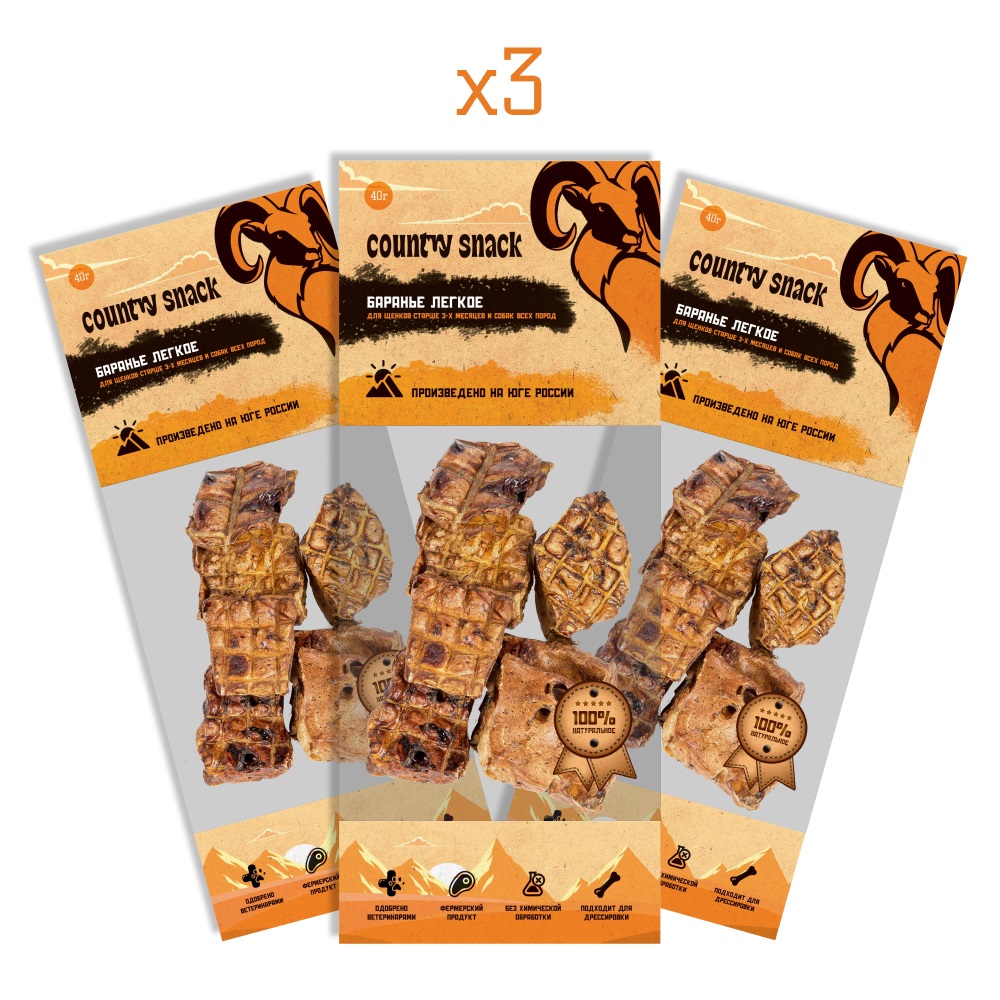 Country snack лакомство "Баранье легкое" для собак (упаковка 40 г. х 3 шт.)