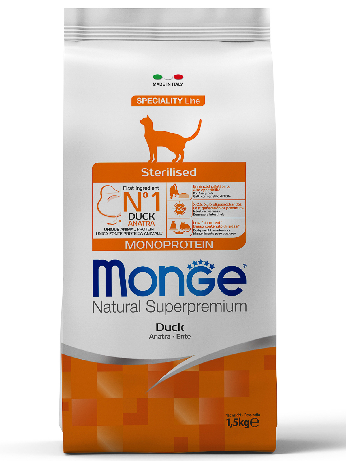 Monge Cat Monoprotein Sterilised Duck корм для взрослых стерилизованных кошек (Утка, 1,5 кг.)