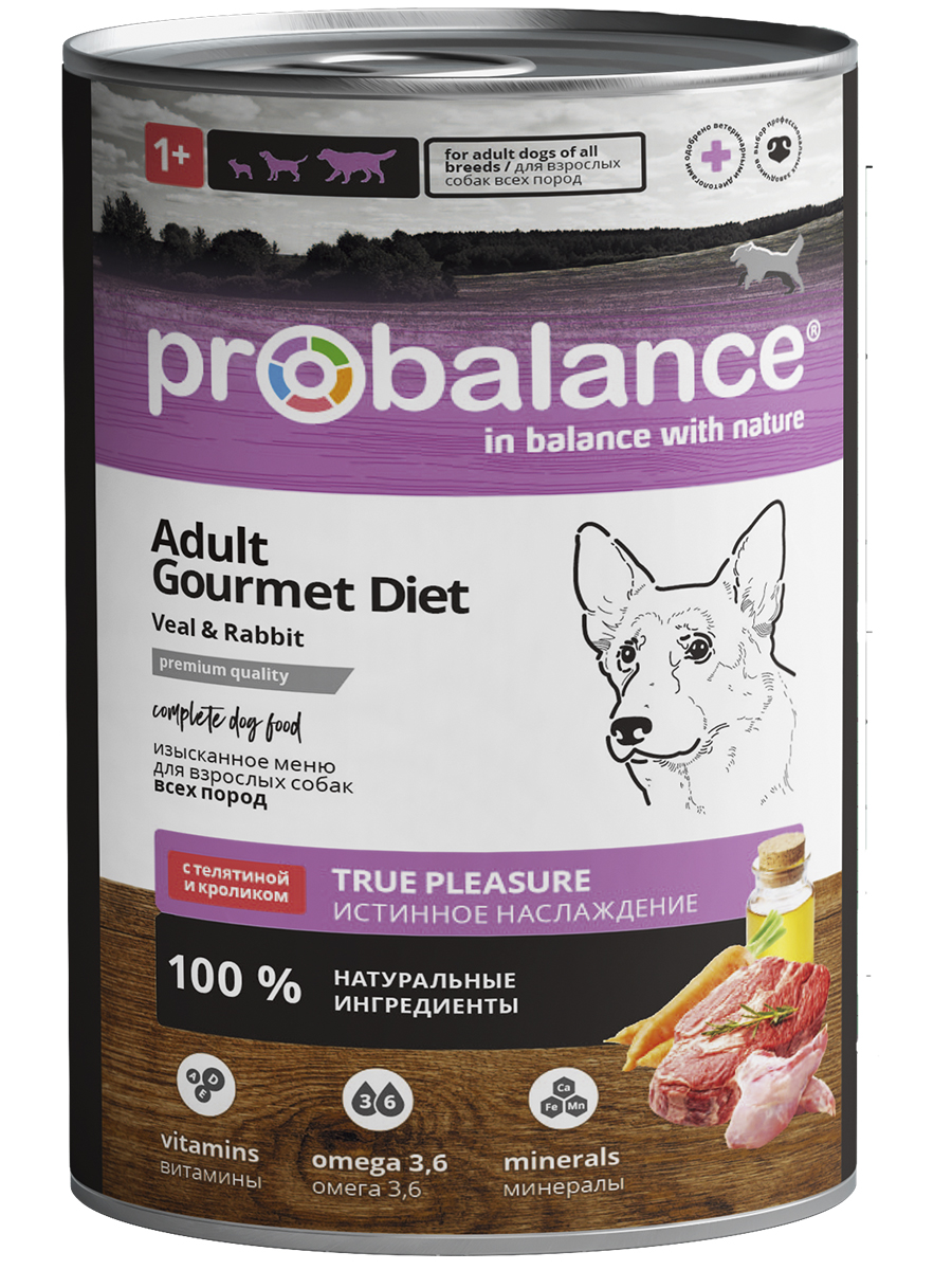 Probalance Adult Gourmet Diet консервы для взрослых собак (Телятина и кролик, 850 г.)