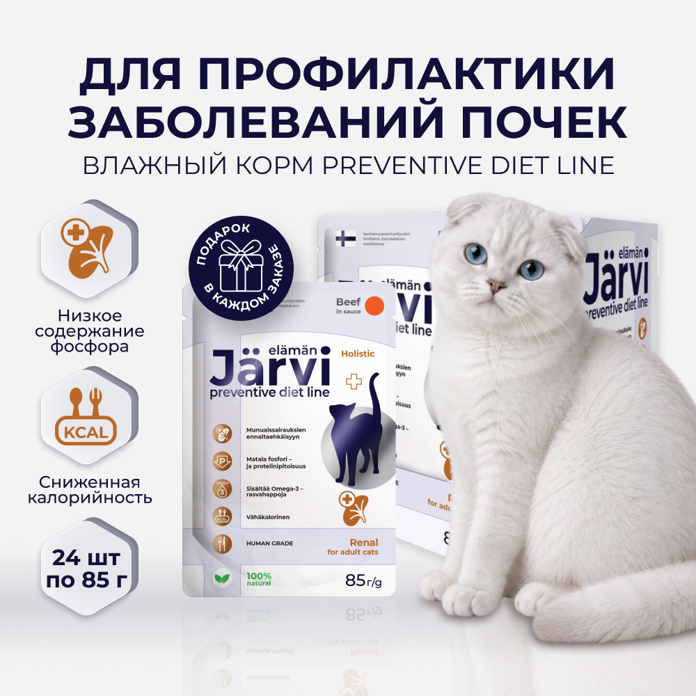 Jarvi Preventive diet line Renal пауч для кошек для профилактики заболеваний почек (соус) (Говядина, 85 г. упаковка 24 шт)