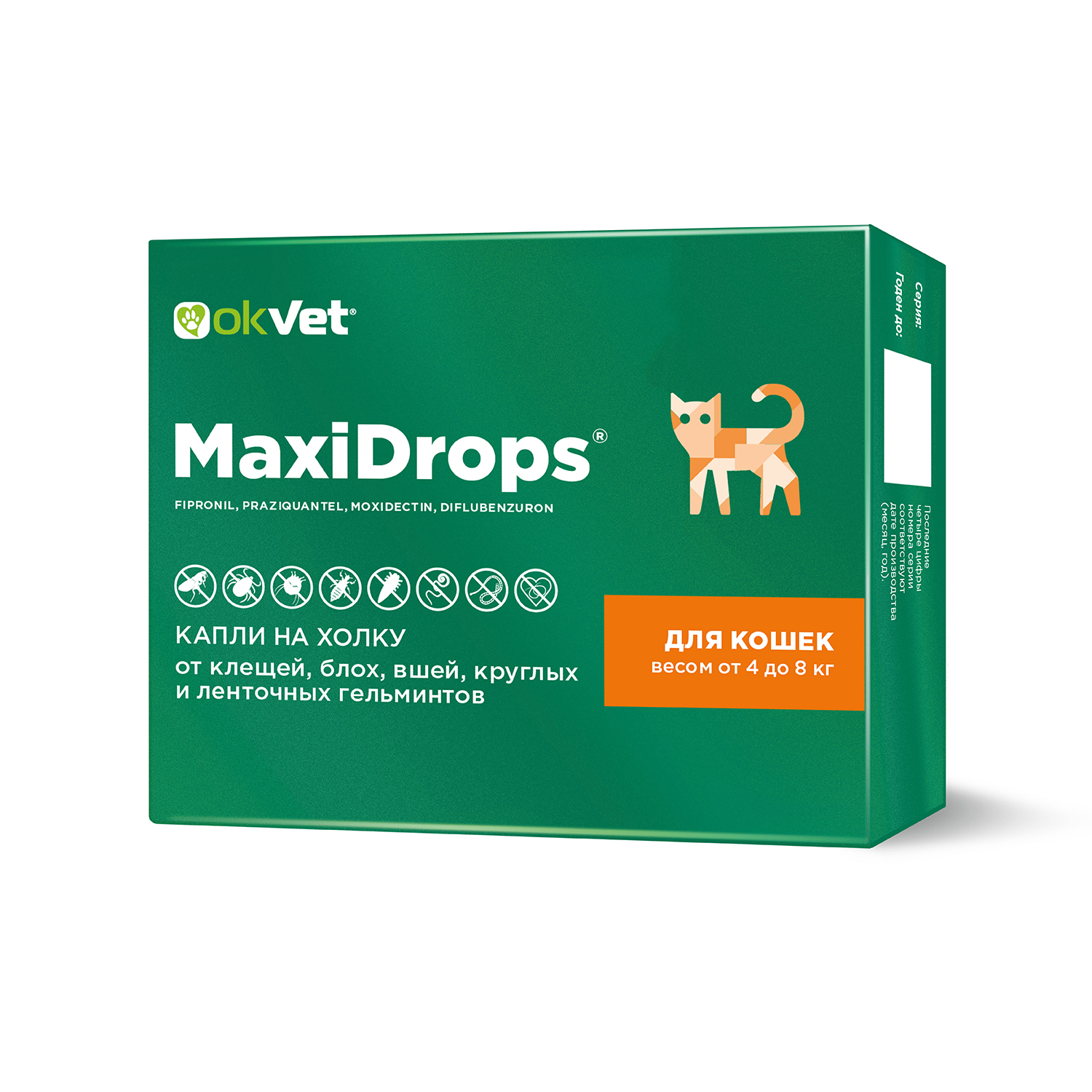 OKVET MaxiDrops капли для кошек от клещей, блох, вшей и гельминтов от 4 до 8 кг (1 мл.)