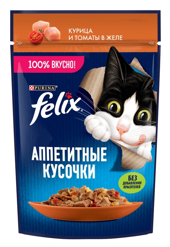 

Felix Аппетитные кусочки пауч для кошек (кусочки в желе) (Курица и томат, 75 г.)