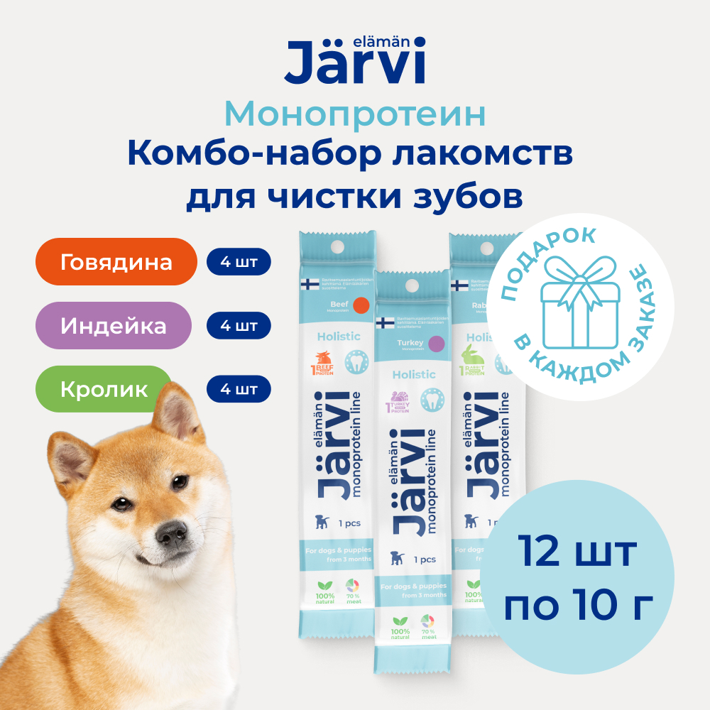 Jarvi монопротеиновое лакомство для чистки зубов для собак набор три вкуса (комбо набор) (120 г.)
