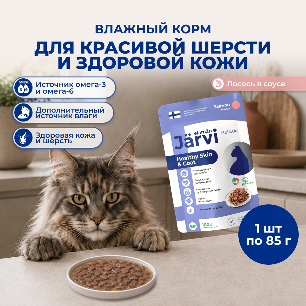 Jarvi пауч для кошек для красивой шерсти и здоровой кожи (кусочки в соусе) (Лосось, 85 г.)
