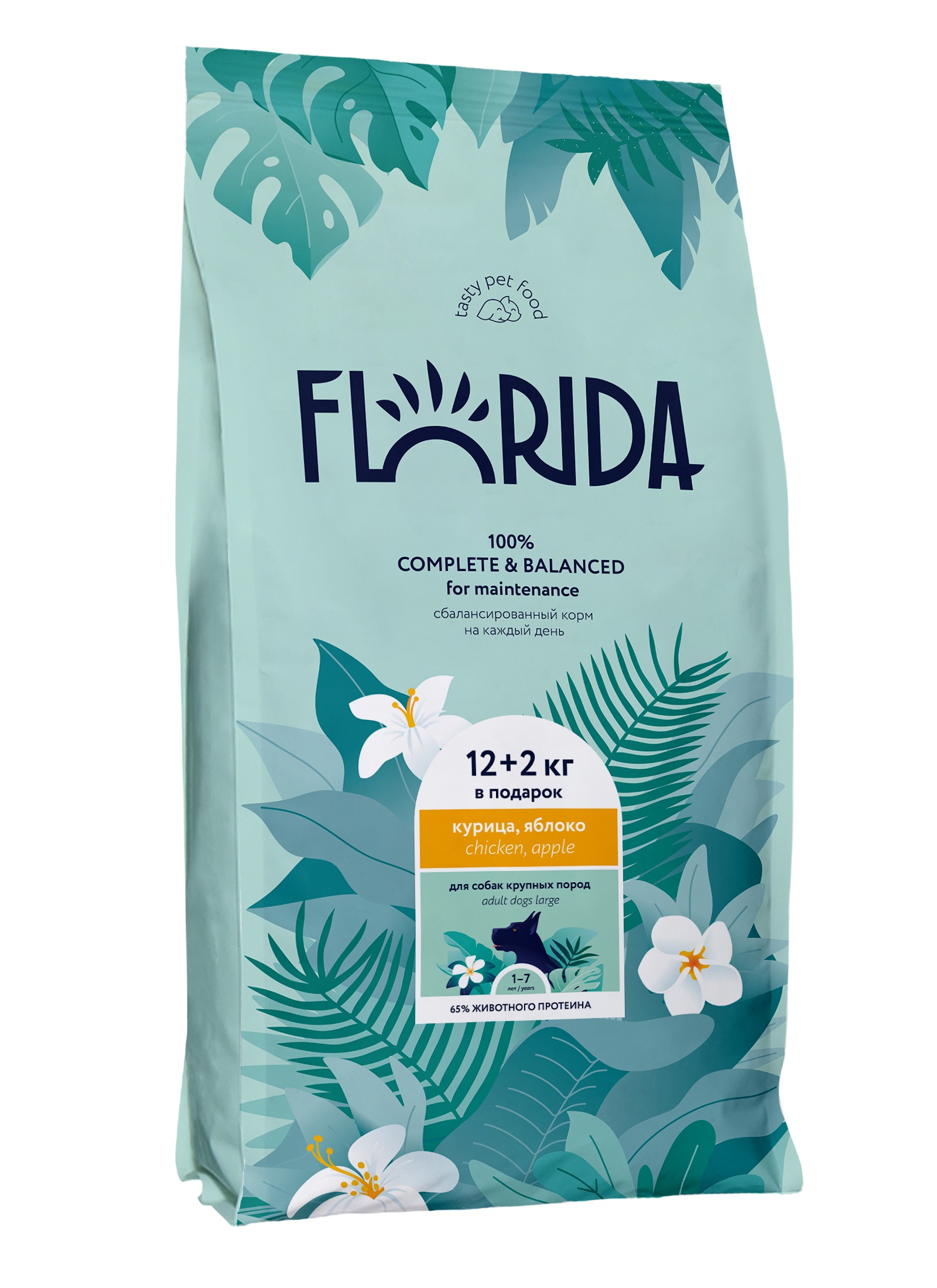 Florida сухой корм для взрослых собак крупных пород (Курица и яблоко, 12 + 2 кг.)