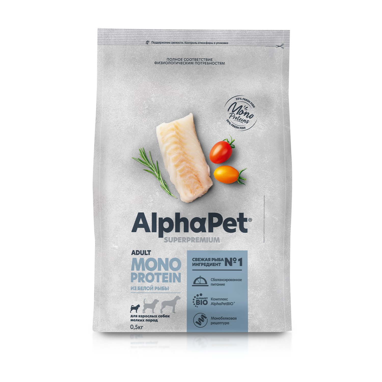 

AlphaPet Momoprotein сухой корм для взрослых собак мелких пород (Белая рыба, 500 г.)