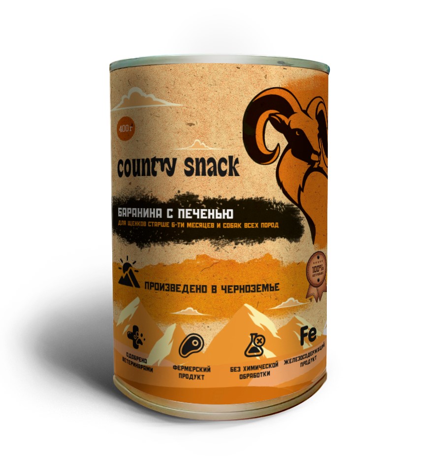 

Country snack консервы для щенков и собак всех пород (Баранина и печень, 400 г.)