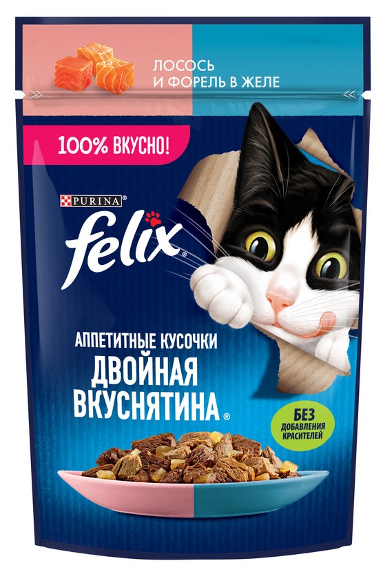 

Felix Двойная вкуснятина пауч для кошек (кусочки в желе) (Лосось и форель, 75 г.)