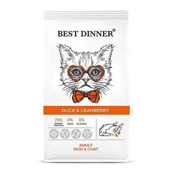 

Best Dinner Adult Cat сухой корм для взрослых кошек склонных к аллергии и проблемам с пищеварением (Утка и клюква, 400 г.)