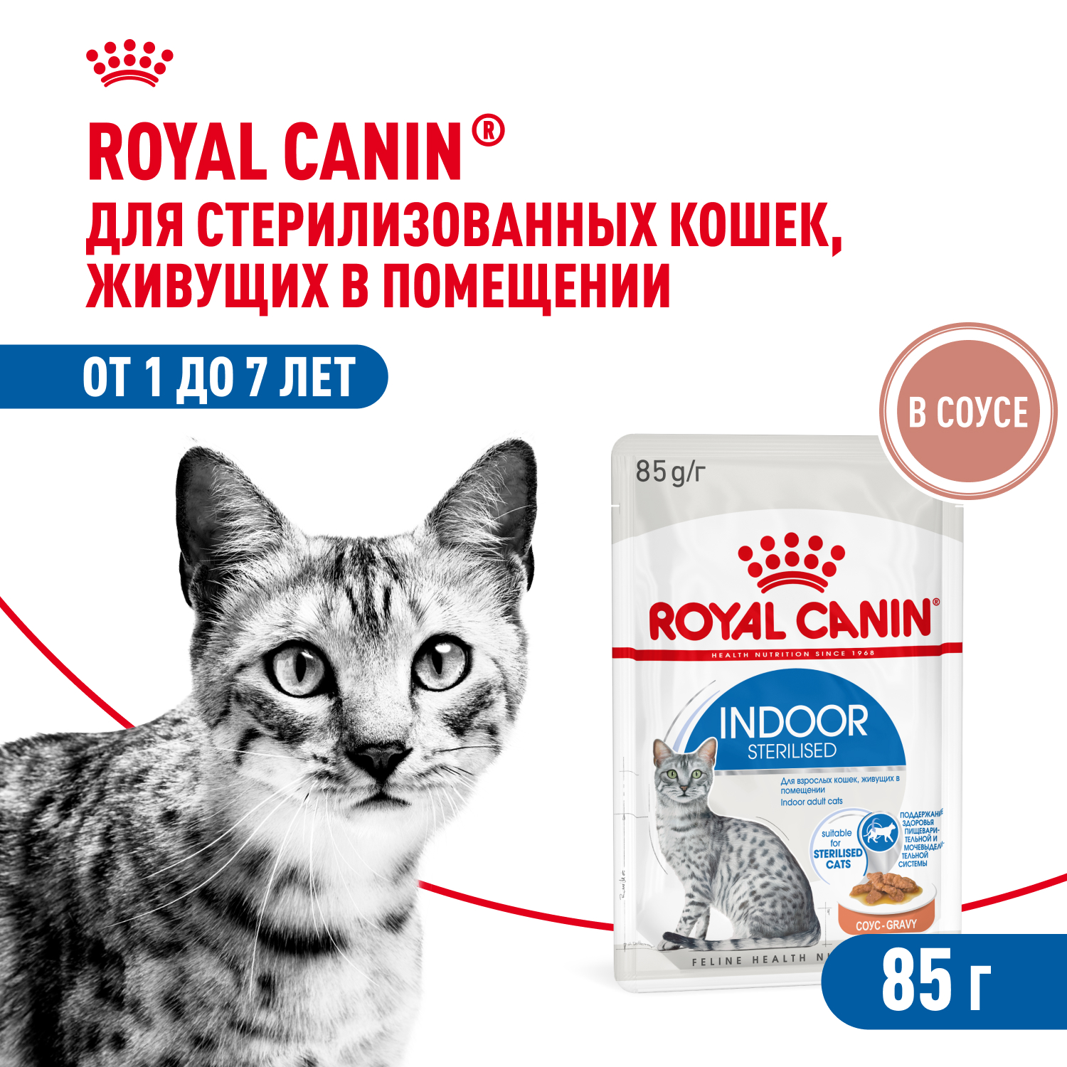 Корм для домашних кошек Royal Canin Indoor (кусочки в соусе) (Мясо, 85 г.)