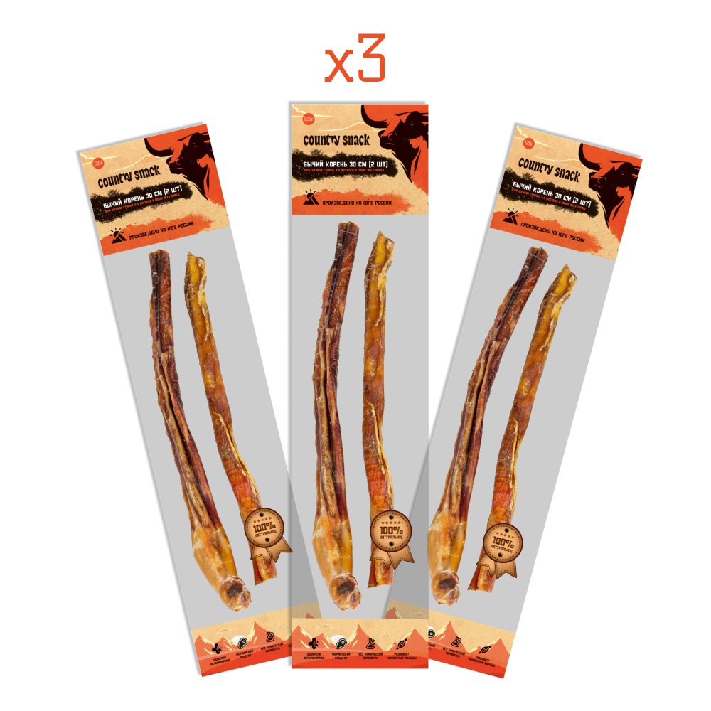 Country snack лакомство "Бычий корень" для собак 30 см. (2 шт.) (упаковка 120 г. х 3 шт.)