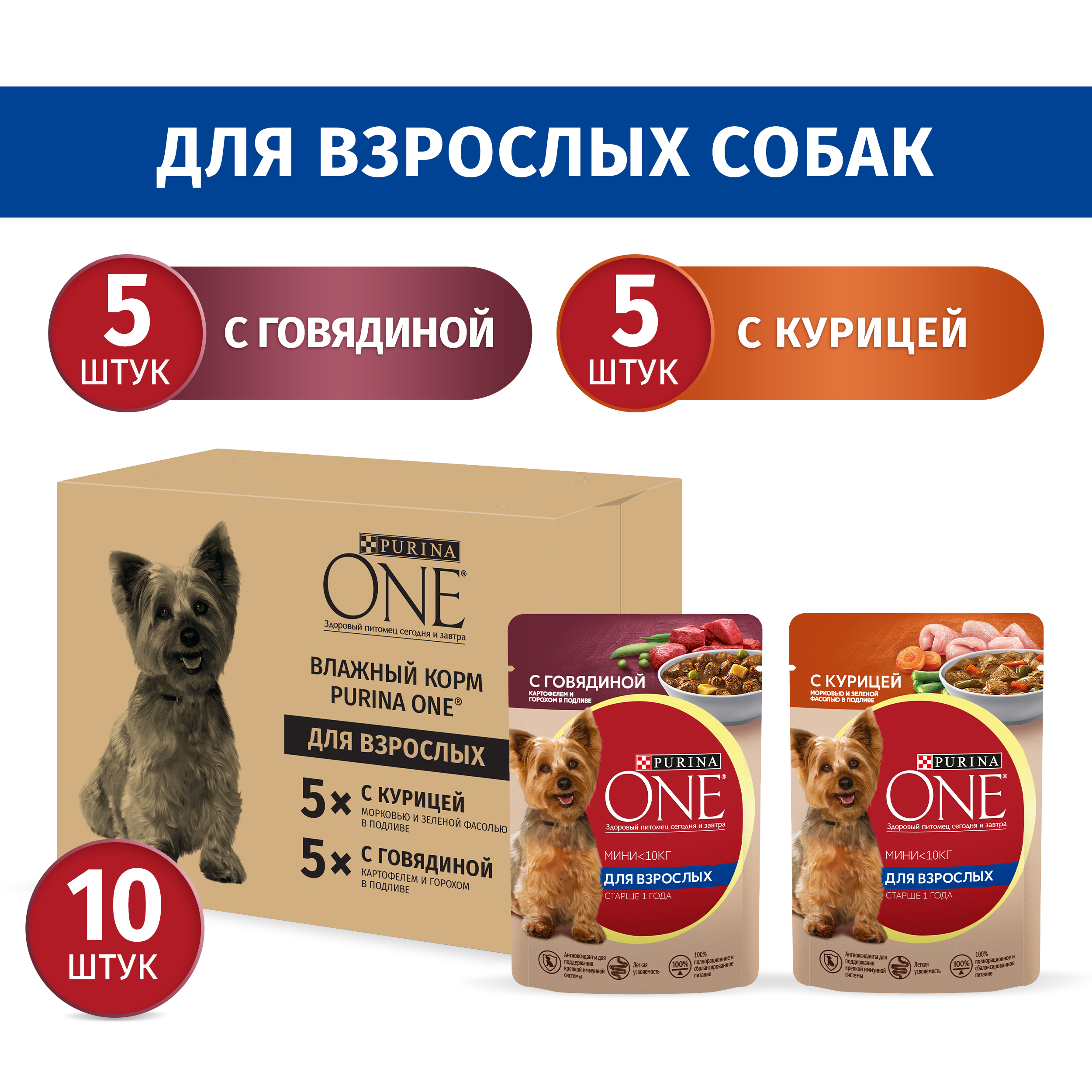 

Purina One Мини набор паучей для собак мелких пород старше 1 года (кусочки в подливе) (Говядина, курица, 85 г. х 10 шт.)