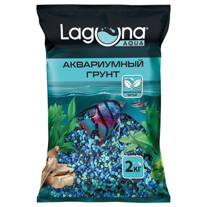 Laguna грунт мраморная крошка окрашенная Малахитовая шкатулка бирюзовая, голубая, чёрная (2 кг., 2-5 мм.)