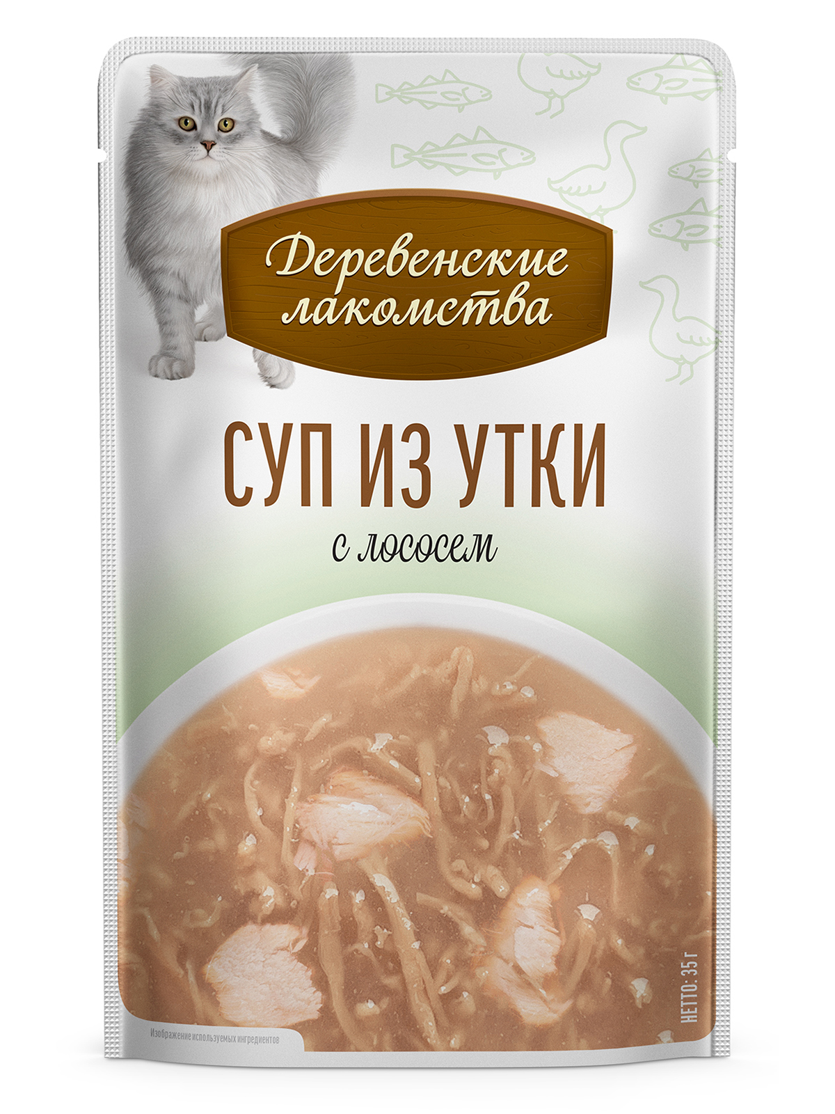 Деревенские лакомства Суп лакомство для кошек (Утка и лосось, 35 г. * 4 шт.)