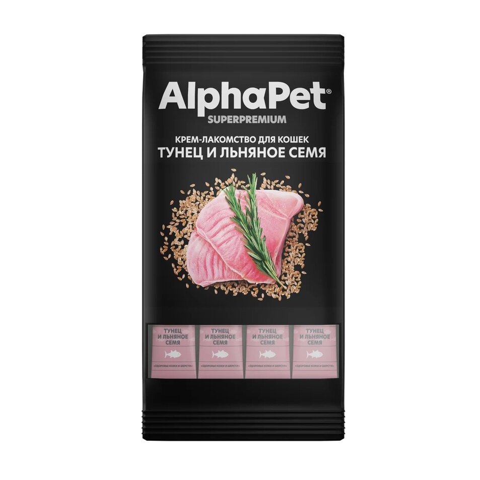 AlphaPet Superpremium крем-лакомство для кошек (Тунец и семена льна, 48 г.)