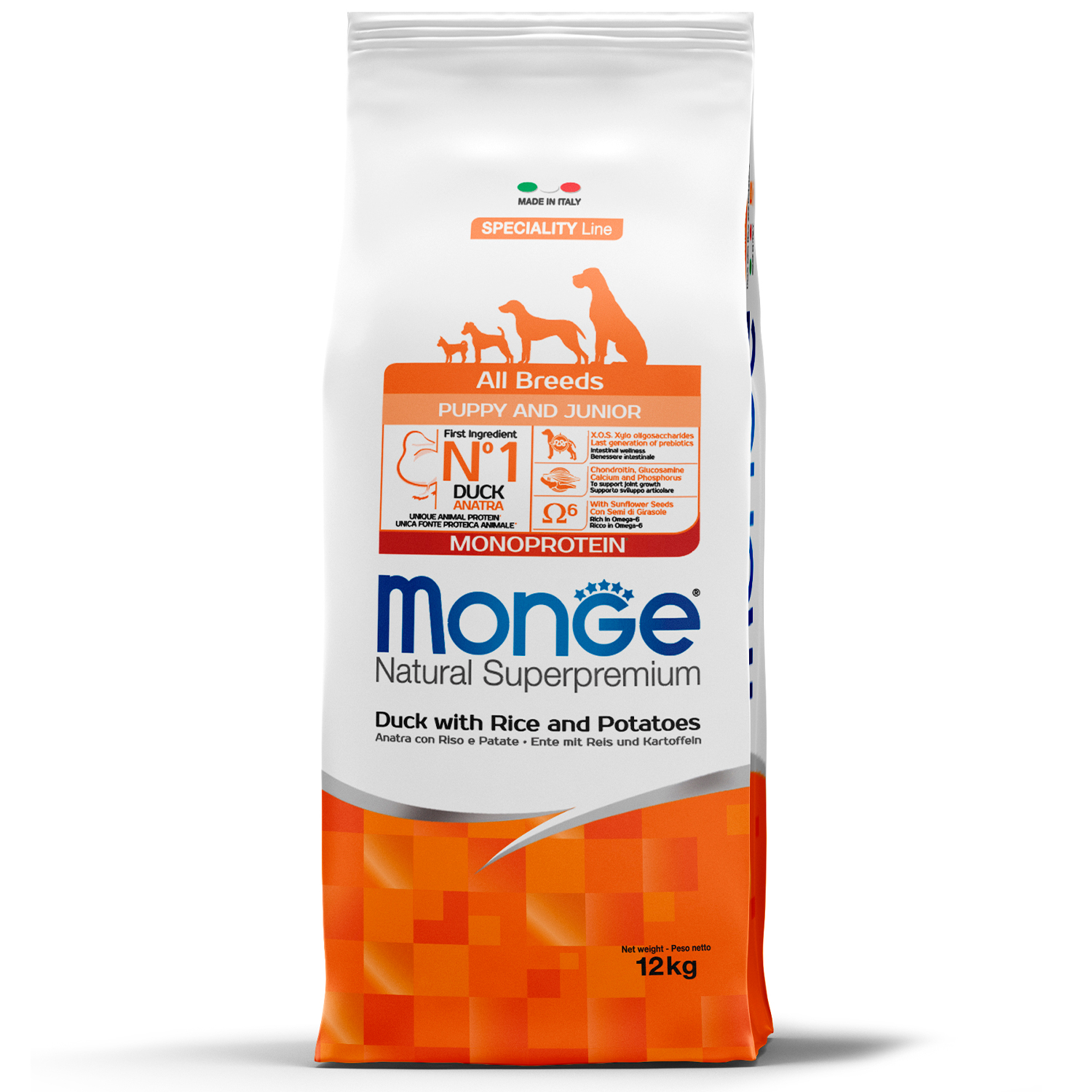 Monge Dog Monoprotein Puppy & Junior корм для щенков всех пород (Утка, рис, картофель, 12 кг.)