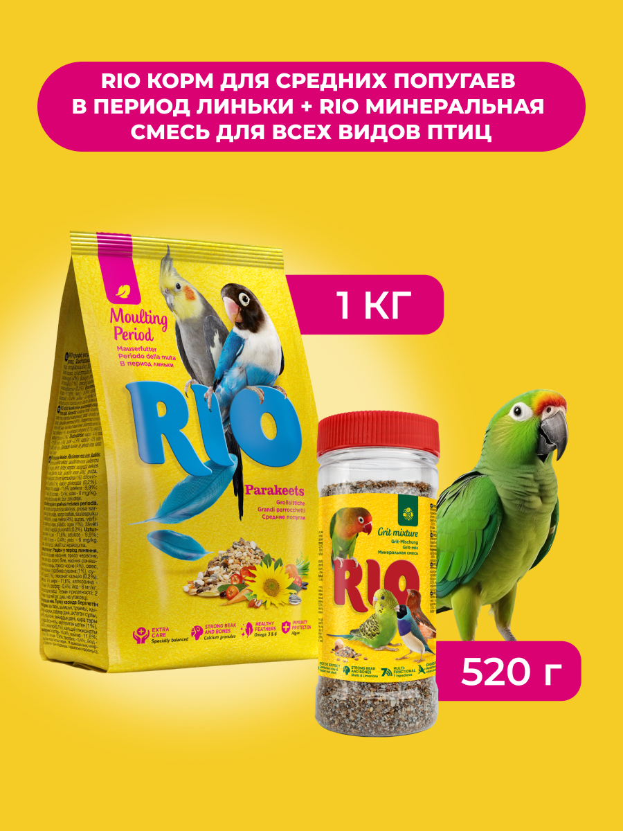 RIO Корм для средних попугаев в период линьки+Минеральная смесь для всех видов птиц (комбо-набор) (1 кг. + 520 г.)