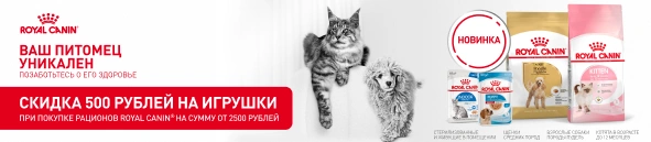 Скидка 500 рублей на игрушку при покупке Royal Canin для кошек и собак на сумму от 2500 рублей	