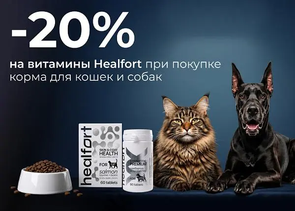 Скидка 20% на витамины Healfort при покупке корма для кошек и собак