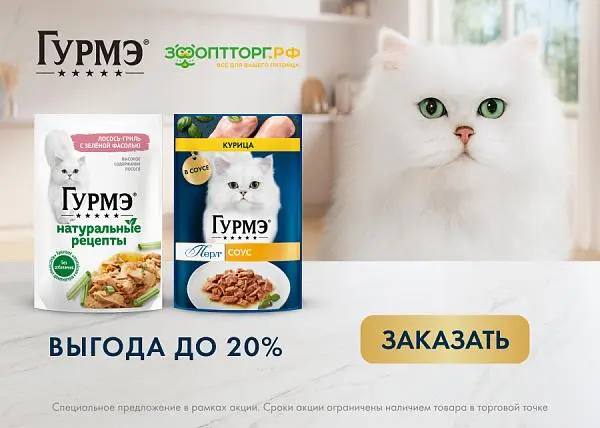 Скидка 20% на паучи для кошек Гурмэ