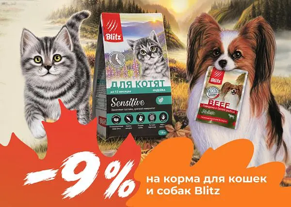Скидка 9% на корма для кошек и собак Blitz