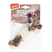 GiGwi Catch & Scratch Eco игрушка для кошек плетеный мячик с колокольчиком и перьями